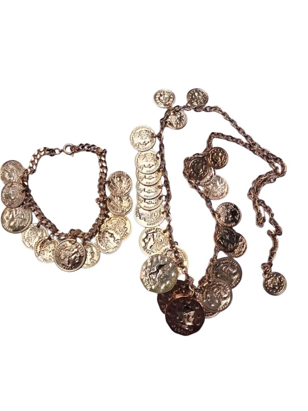 Vintage Gold Tone Replica Coin Charm Necklace & Bracelet Set Ancient Greek Roman